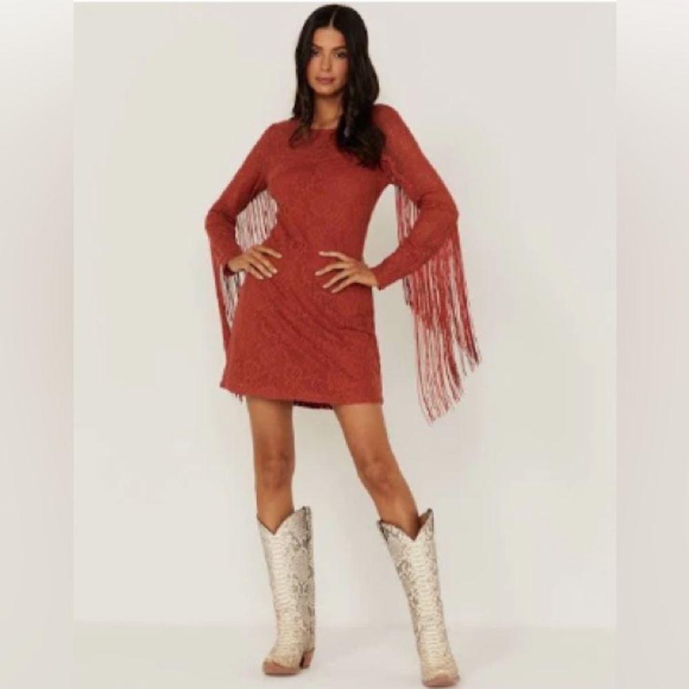 Fairlane Brick Red Crochet Fringe Dress